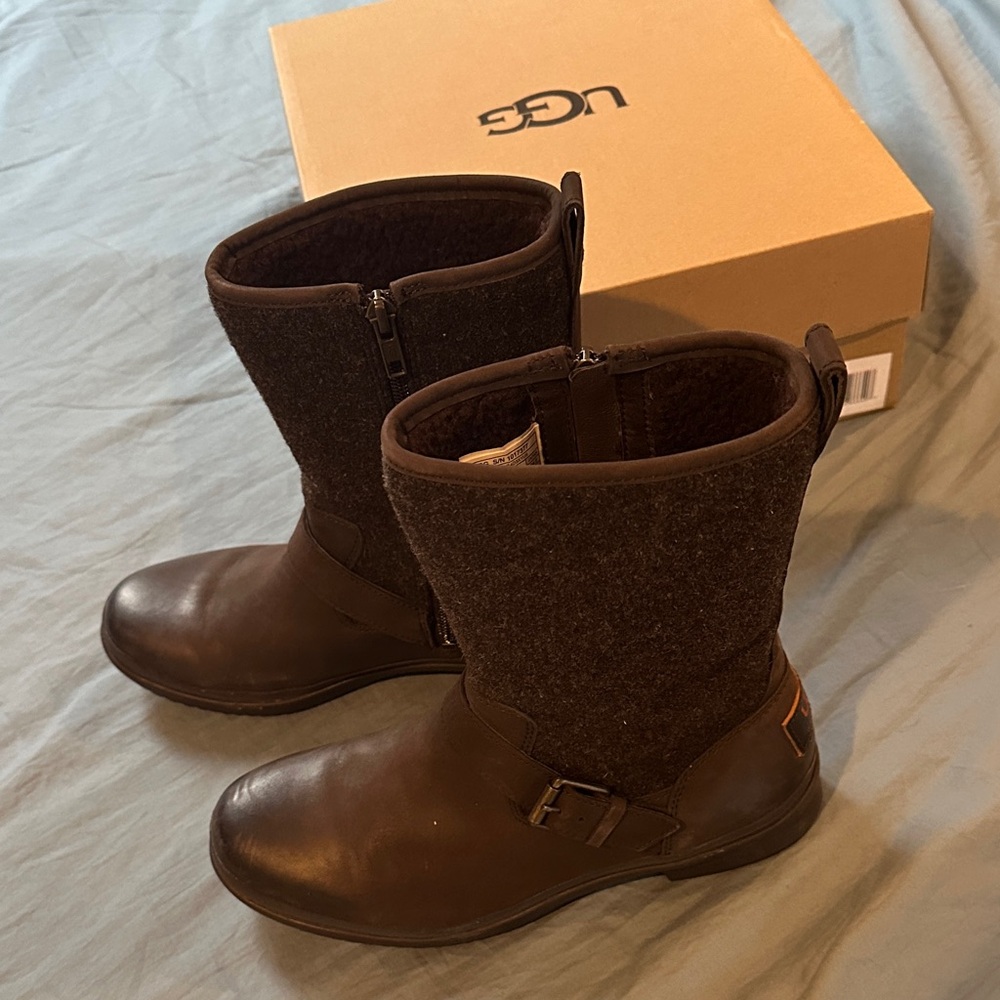 UGG Dark Brown Leather and Wool Boots